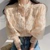 2024 Fashion Petal Sleeve Lace Blouses Women Hollow Out Patchwork Stand Collar Shirts Ladies Top Sweet White Flower Blouse Female 410G