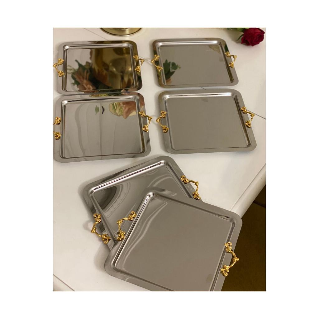 Stainless Steel Square Service And Presentation Tray With 6 Tiny Handles
