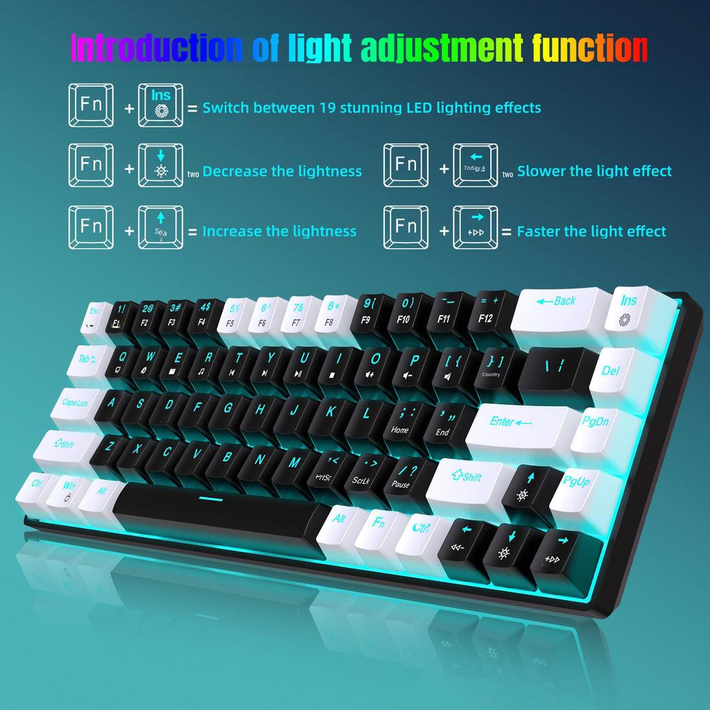 68-Key Wired Mechanical Gaming Keyboard with Hot-Swappable Blue Switches, Two-Color Keycaps, and Ice Blue Lighting