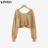 VONDA Women Casual Autumn V Neck Long Sleeve Twisted Cropped Sweaters Knitwear