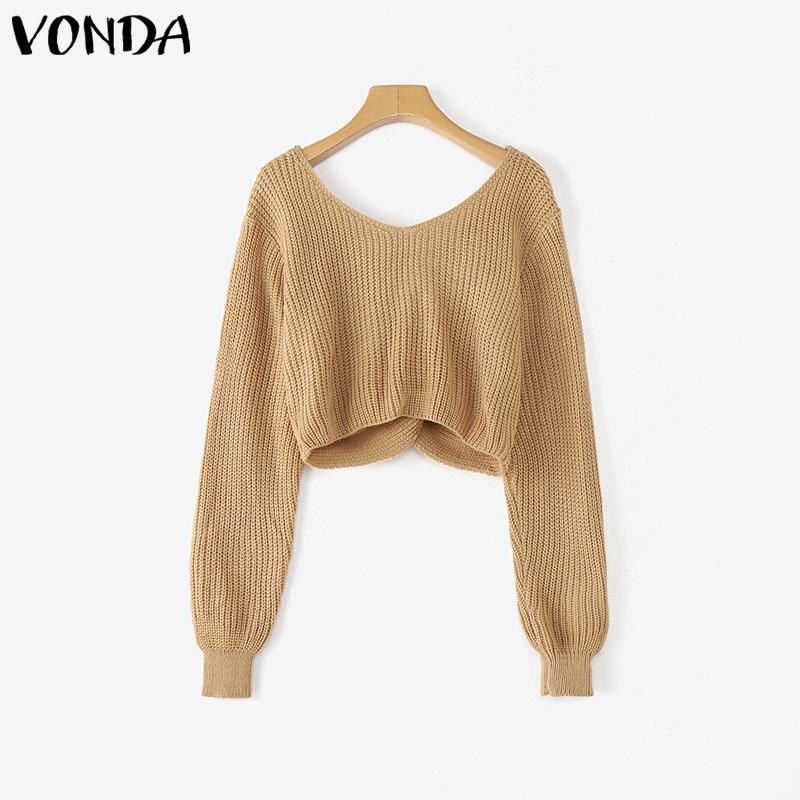 VONDA Women Casual Autumn V Neck Long Sleeve Twisted Cropped Sweaters Knitwear