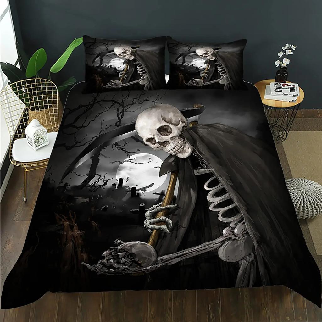 Skull Duvet Cover Golden Crown Bedding Set,3D Printed Halloween Skull With Two Beauty Quilt Cover Set,Crown Comforter Cover