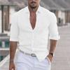 2024 New Men's Shirt Cotton Linen Fashion Casual Polo Neck Beach Shirt Long Sleeve Solid Hawaiian Holiday Shirts