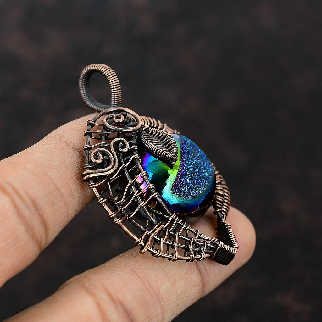 Titanium Druzy Pendant Copper Wire Wrapped Pendant Original Gemstone Pendant Copper Jewelry Handmade Boho Pendant Wire Jewelry Gift For Her