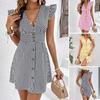Women's Striped Print Dress Summer Button Front Short A Line Dress Ruffle