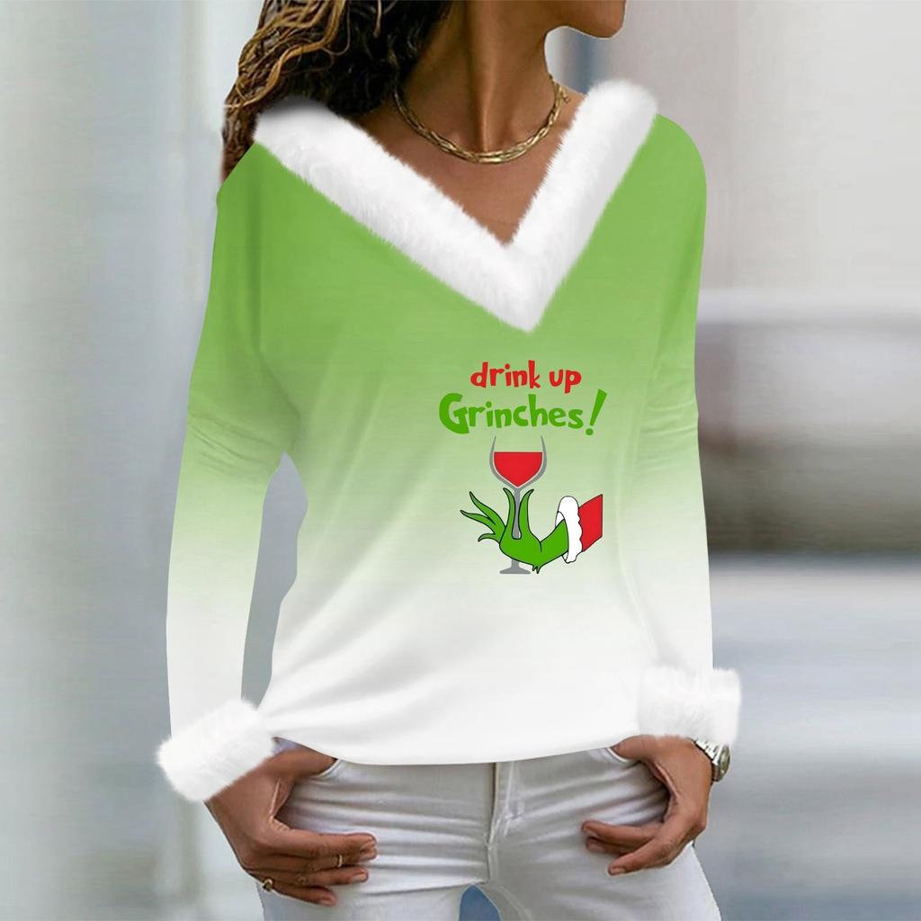 Женская футболка, рождественская рубашка с длинным рукавом, вечерние, рождественский флисовый воротник, топ с v-образным вырезом
