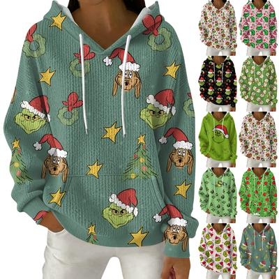 Женский модный повседневный пуловер с рождественским принтом, толстовка с капюшоном и длинными рукавами