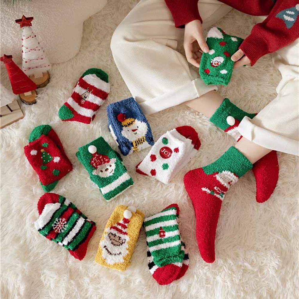 Elk Red Green Floor Sleep Socks Women Hosiery Christmas Socks Coral Velvet Socks Middle Tube Socks