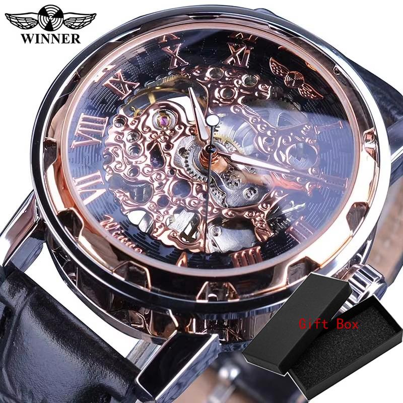 Winner Black Gold Male Clock Men Relogios Skeleton Mens Watches Top Brand Luxury Montre Leather Wristwatch Men Mechanical Watch