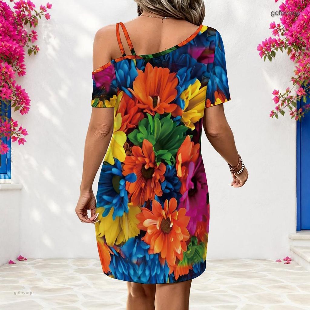 Women Plus Size One Shoulder Single Strap Short Sleeve Black Gold Printed Loose Dress