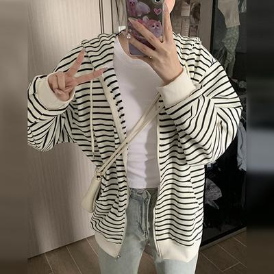 Женский свитер с капюшоном, осенний тренд, свободный, полосатый, на молнии, повседневный свитер, куртка, кардиган, топ