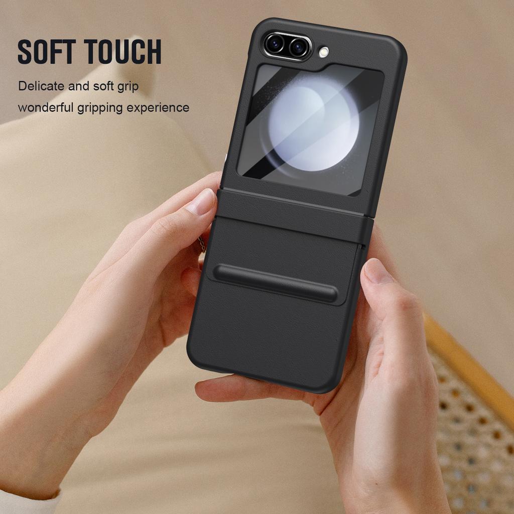 Для Samsung Galaxy Z Flip7 FE 5G/Flip6 5G Чехол Шарнир Кожа+ПК Чехол для телефона с защитной пленкой из закаленного стекла