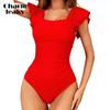 Sexy V Neck Square Collar One Piece Swimwear for Women Double Flounces Double Straps Bath Suit Monkini