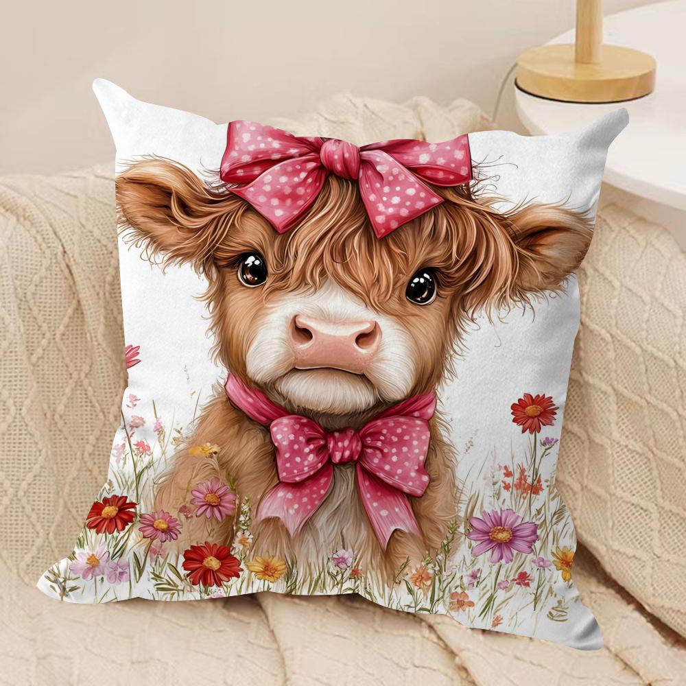 Highland cow and flower Cushion Cover Soft Plush Fabric DoubleSided Printed Cushion Covers for All Seasons Home Decor