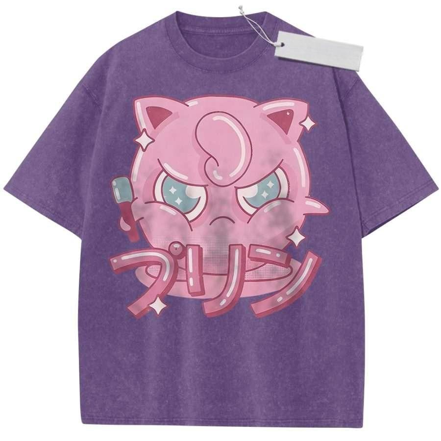 T Shirt Sports T Shirt Short Sleeve T Shirt Rose Red Unisex Pure Cotton Washed Vintage Pokemon Jigglypuff Anime Print