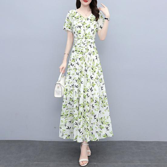 Women's Floral Print Maxi Dress Summer V Neck Short Sleeve Long Dress Casual Swing A-line Beach Sundress