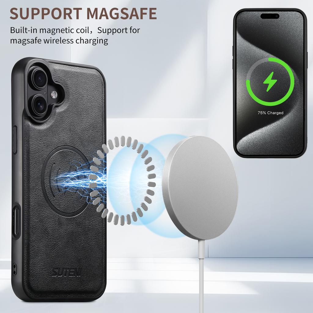 SUTENI M4 For iPhone 16 Magnetic Case with Card Holder Cowhide Texture Leather Back Cover
