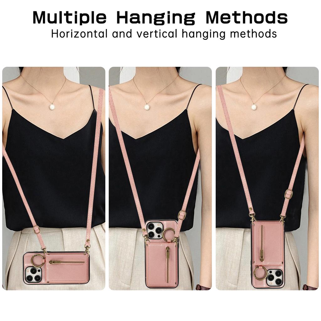 Crossbody Wallet Ring Zipper Leather Case for iPhone 16 15 14 13 12 11 Pro Max XS MAX Samsung S25 S24 S23 S22 S21 Ultra Plus FE A16 A56 A15 A55 A54
