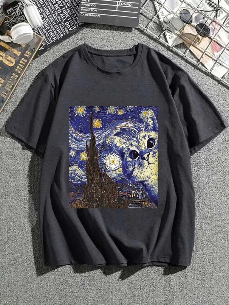Unisex Casual Creative Cat Graphic Print Round Neck T-shirt, Summer Oversized Loose Tee Clothing Plus Size Unisex