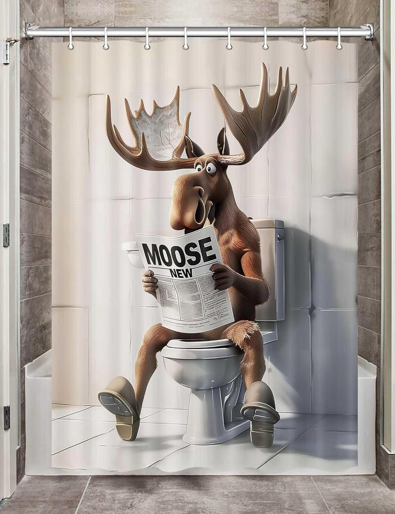 Funny Moose Shower Curtain, Cool Moose Fabric Shower Curtains Set for Men Kids Boys Bathroom Decorative, Unique Cute Restroom