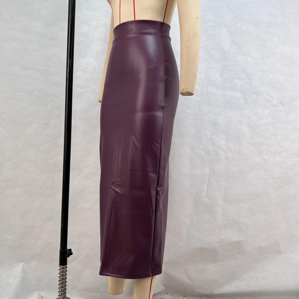 Кожаная юбка-миди с высокой талией 2025: Осеннее сексуальное облегающее платье-слим с разрезом