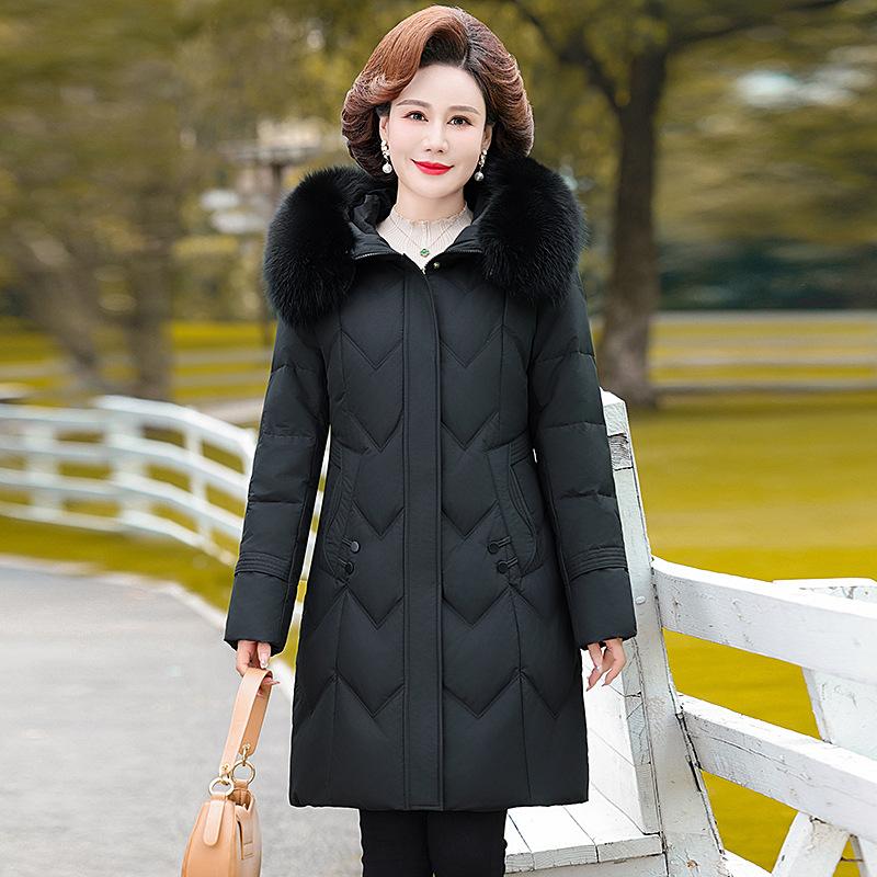 Мамина пуховая куртка средней длины большого размера выше колена толстая теплая и стильная зимняя куртка