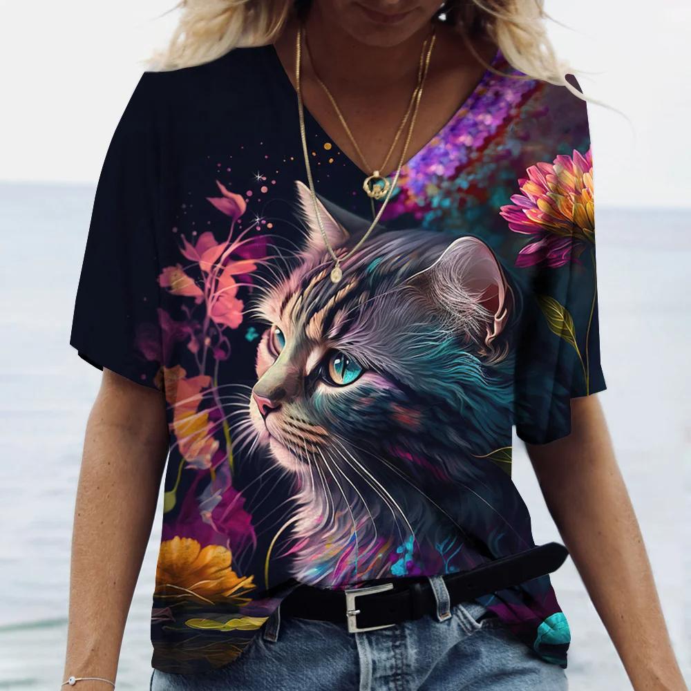 Fashionable Women's T-Shirts Cute Kitten 3D Print Girl Summer Harajuku Loose Casual Clothing Kawaii V-Neck Short Sleeve T-Shirts