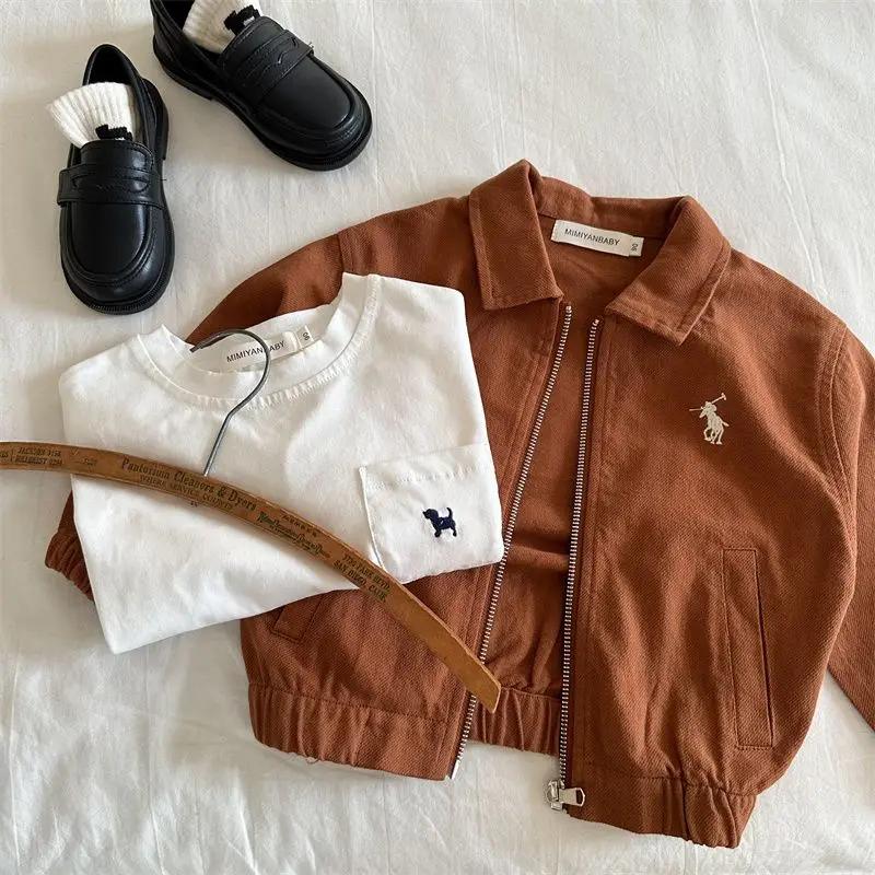 2-7Y Children's Cotton Coat 2024 Spring Boys Girls Japanese Embroidered Flip Collar Jacket Baby Short Zipper Autumn Shirt