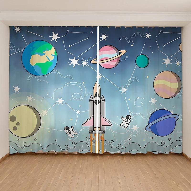 Мультяшные Милые Космические Астронавты Планеты Шторы Детская Спальня для Мальчиков Девочек Окно 2 Панели Высокое Затемнение Новый Модный Узор