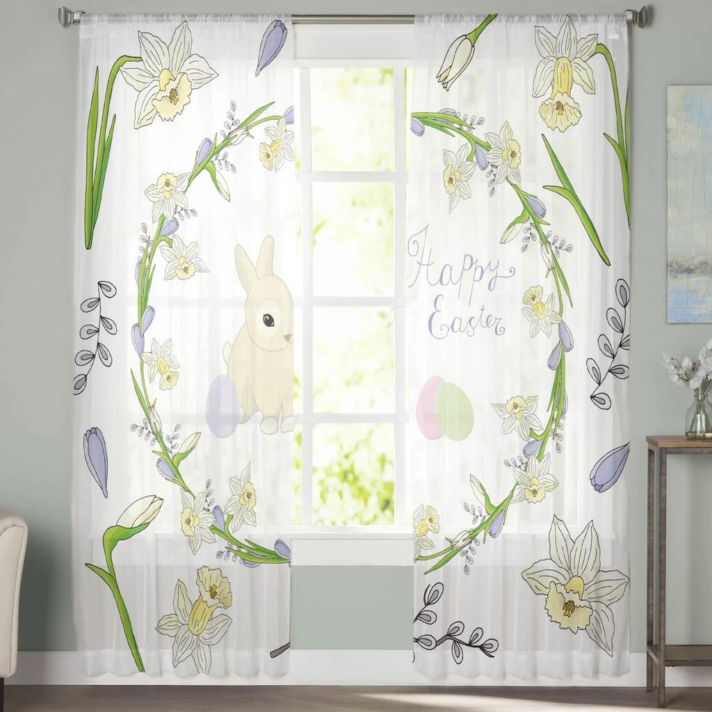 Wreath Willow Rabbit Egg Tulle Curtains for Living Room Kitchen Bedroom Sheer Tulle for Cafe Hotel Modern Home Decor