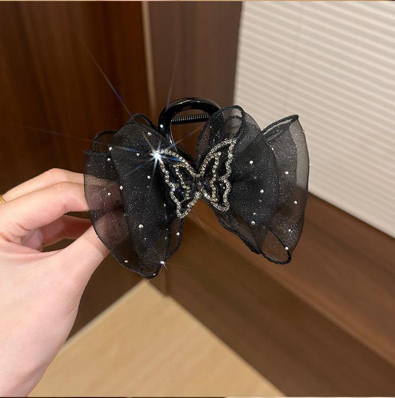 Large Summer Lace Edge Bow Claw Clip Hair Accessory for Women - Multi-Layer Feather Design