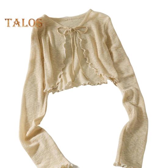 Солнцезащитный трикотажный кардиган для женщин с завязками спереди, длинными рукавами, прозрачной сеткой, пляжной накидкой с оборками и тонкими рубашками с защитой от ультрафиолета