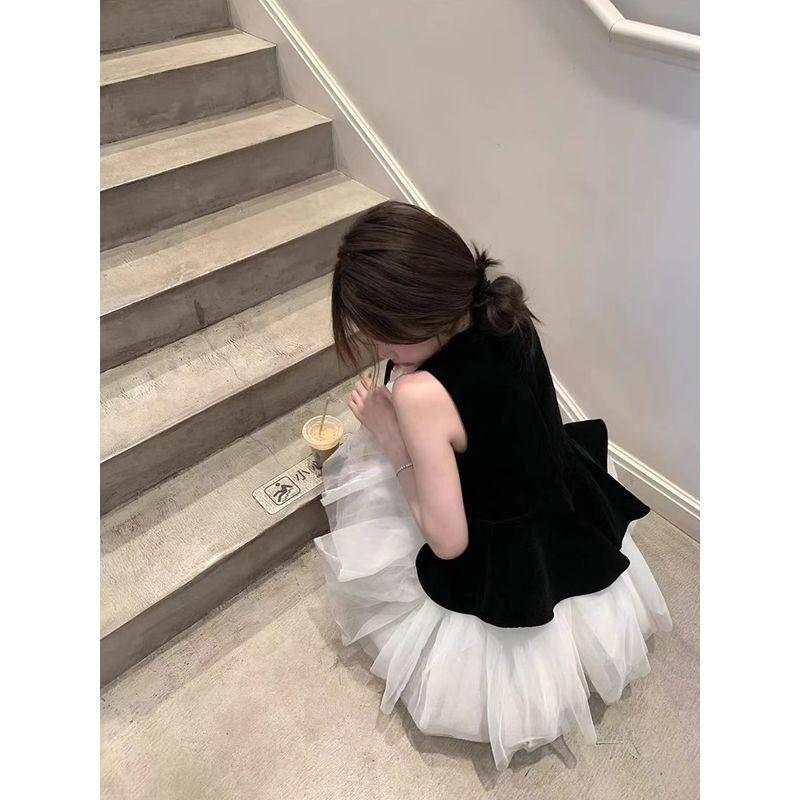 Kumikumi Sweet Style Mesh Patchwork Vest Dress Women Summer French Style Fake Two-Piece A- Line Skirt Pettiskirt