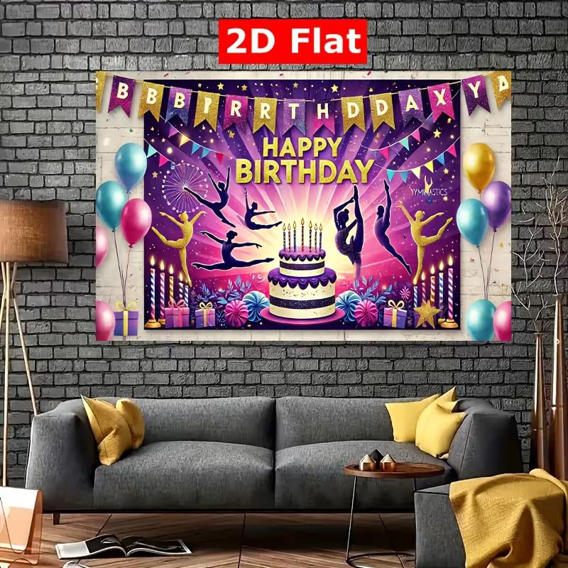 2D Purple Glitter Gymnast Birthday Backdrop Teen Girls Sport Party Decor Background Cloth