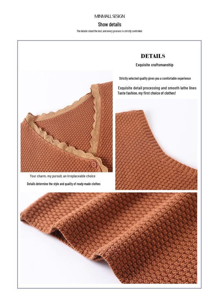 Вязаный жилет с V-образным вырезом и кружевной отделкой - Женский модный кардиган без рукавов на весну/осень для мам среднего возраста