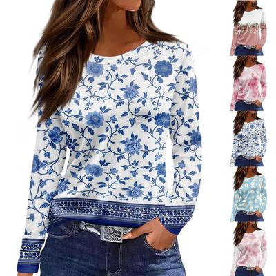Женский повседневный топ с длинным рукавом и принтом, с круглым вырезом