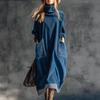 Модное Новое Свободное Синее Платье Большого Размера с Карманными Деталями, Трендовое Лоскутное Платье с Длинным Рукавом