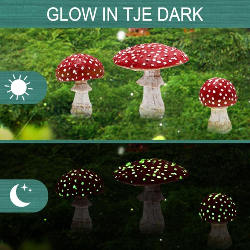 3pcs Artificial Mini Mushroom Model Luminous Garden Stakes Fairy Garden Plant Miniatures Terrarium Yard Signs Decoration