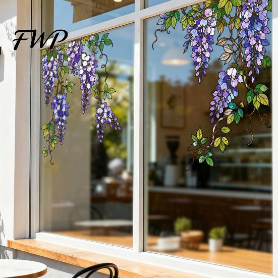 Easy Install Glass Clings 2PCS Flower Print Window Static Stickers, Glue-free Electrostatic Decorative Film, Floral Film Removable Cling for Door And