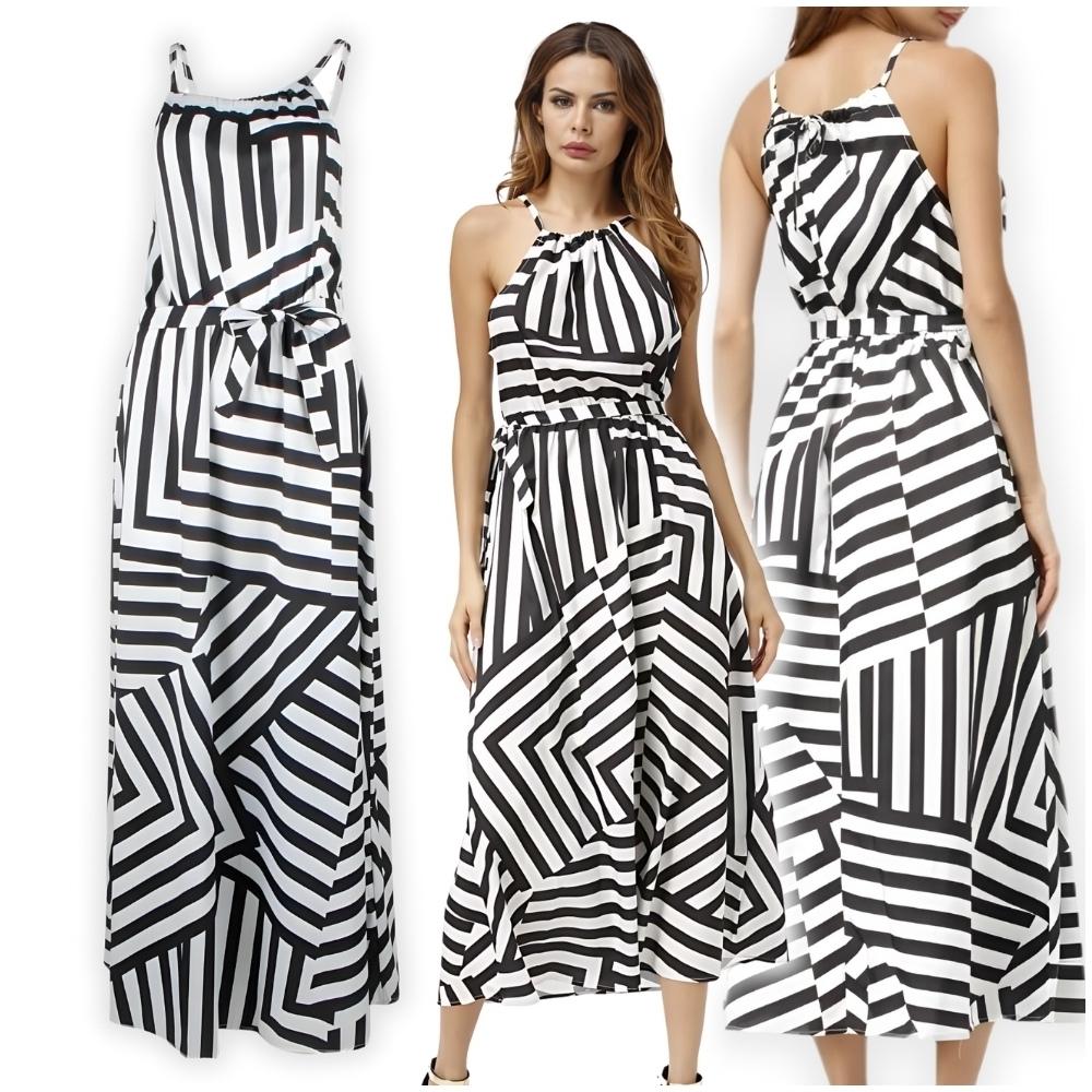 Summer Dress Maxi Stripes Black and White Tied Greek Boho Plus Size
