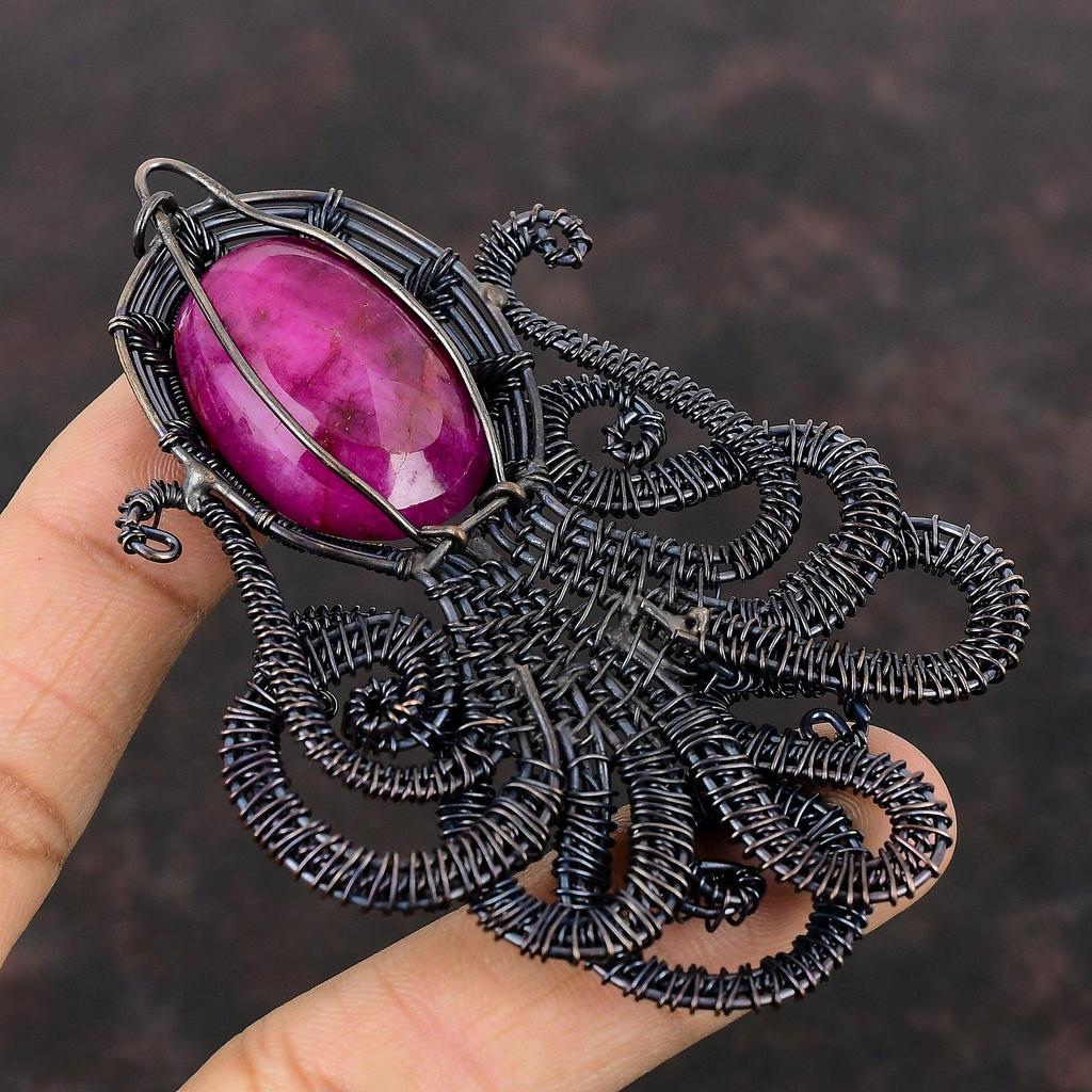 Кулон с ограненным кашмирским рубином, обернутый медной проволокой, кулон ручной работы из медной проволоки, обернутый драгоценным камнем, кулон в виде осьминога, подарок для мамы