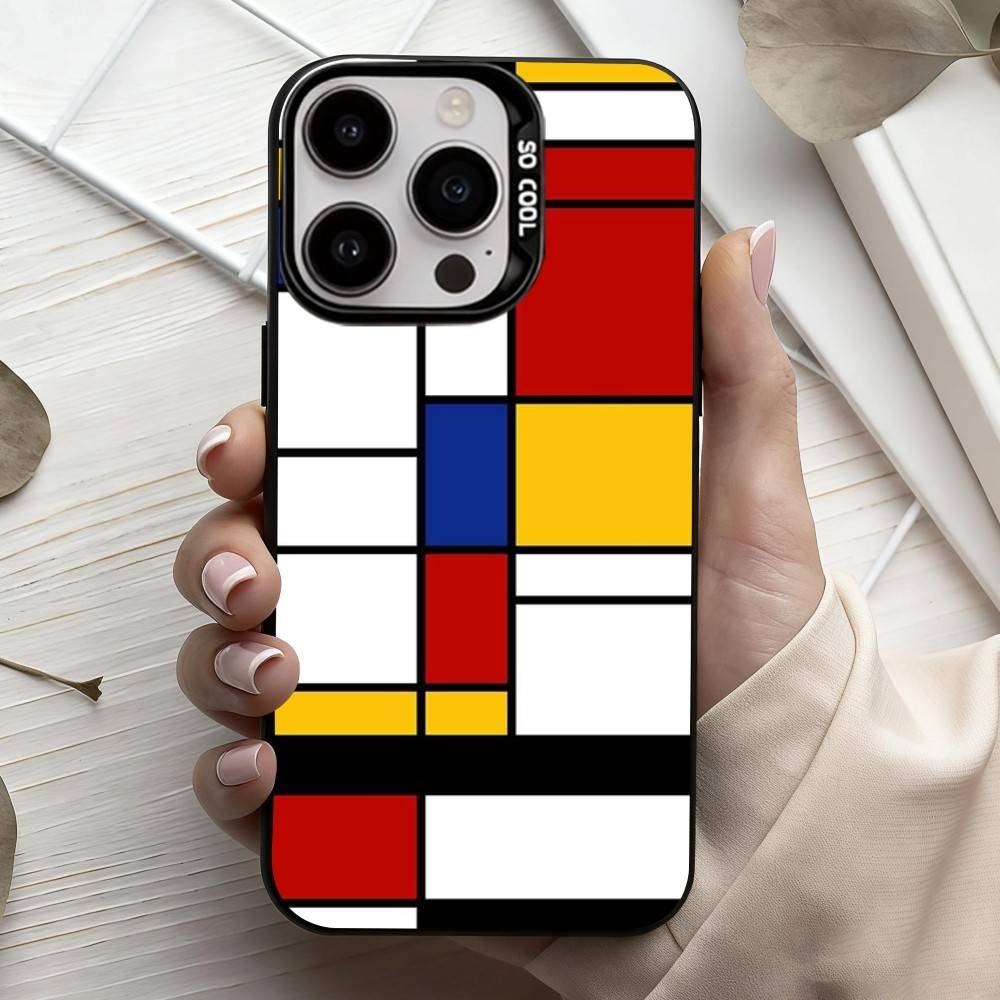 M-Mondrian-B-Bauhaus A-Abstract Shapes Phone Case For iPhone17,16,15,14,13,12,11 Plus,Pro Max Black Candy Silver Plated Cover