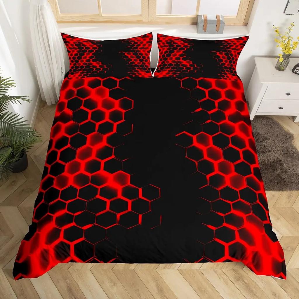 Blue Purple Honeycomb Duvet Cover Fluorescent Geometric Honeycomb Bedding Set Beehive Hexagon Comforter Cover for Boys Girls