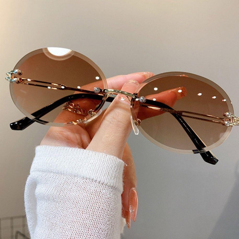 Rimless Oval Sunglasses Vintage Metal Punk Sun Glasses Trendy Frameless Shades Uv400 Protection Gradient Lens Glasses