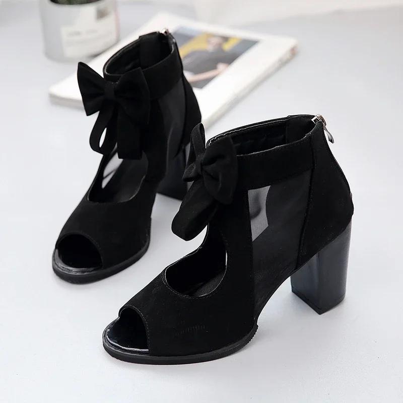 2024 New Women's High Heels Summer Elegant Bow Mesh Sandals Back Zipper Fish Mouth Party Sandals Fashion Women's Shoes