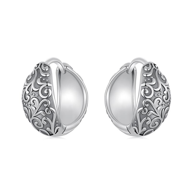 BAMOER Solid 925 Sterling Silver Retro Pattern Hoop Earrings for Women Hypoallergenic Lightweight Personalized Fine Jewelry