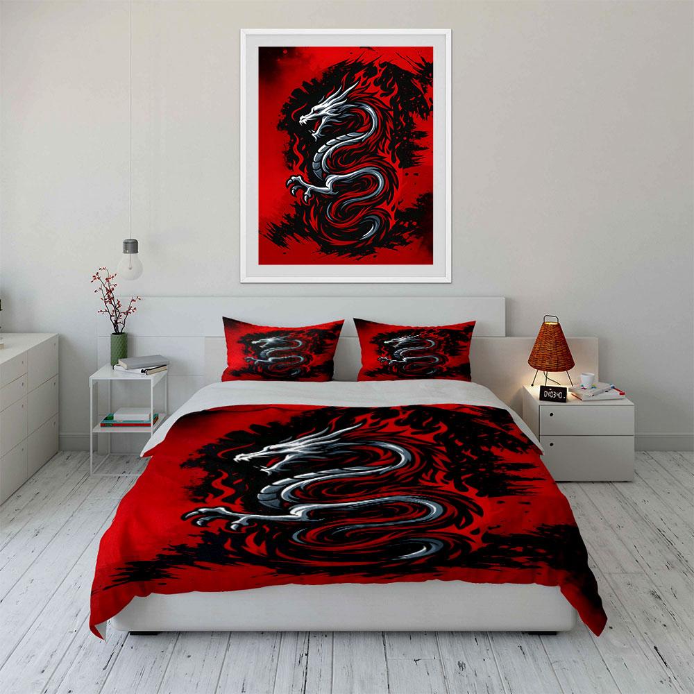 Silver dragon, red flames. Bedding sets Duvet cover sets Duvet covers Pillowcases(1 * Duvet Cover 2 * Pillowcases without duvet insert)