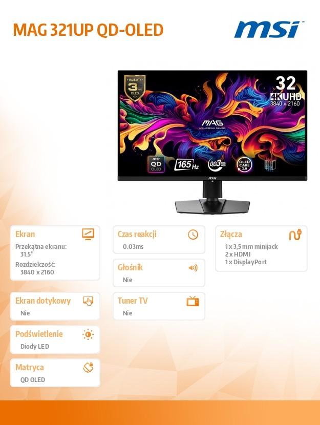 Монитор MAG 321UP QD-OLED 31,5 дюйма UHD/LED/Плоский/165 Гц/черный