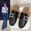 Fashion 2024 Women's Brand Design Crystal Buckle Party Slippers Luxurious Rabbit Fur Mules Women's Square Toe Thick Heel Slippers