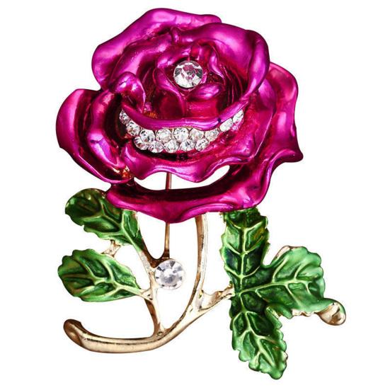 Rose Flower Brooch Green Leaves Rhinestone Oil-Dripping Vintage Sparkling Gift Elegant Business Suit